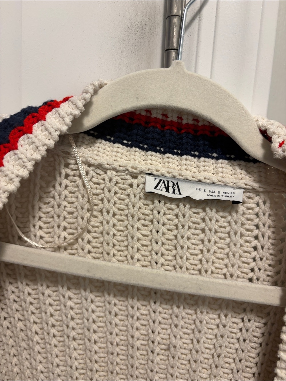 Zara Cream Knit Cardigan with Red & Navy Stripe Trim - Picture 3 of 4
